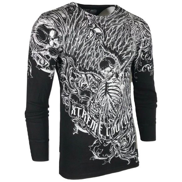 Xtreme Couture by Affliction Men's Thermal Shirt ACCUSER Skull Biker MMA Black - Picture 5 of 8